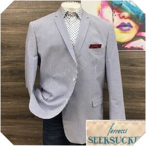 FERRECCI Mens Seersucker Blazer Sport Coat Casual Jacket Size 52R Cotton Suit